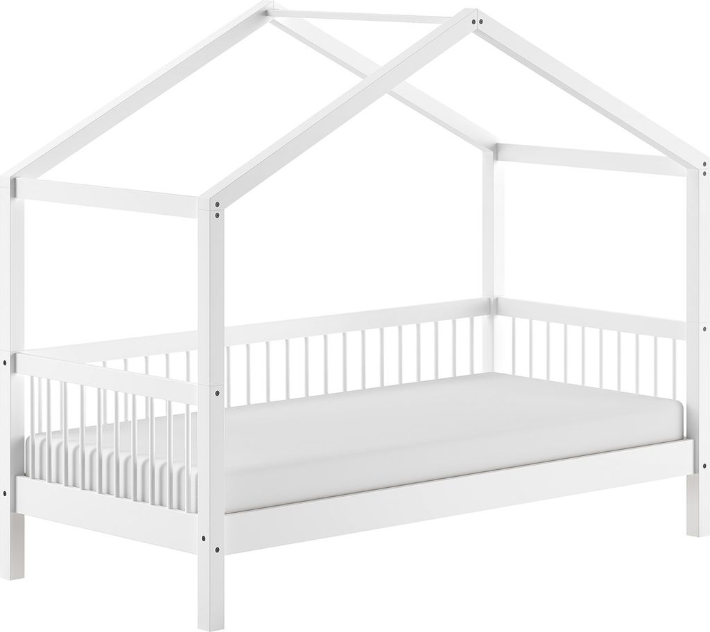 Hausbett >Buche Massiv< Rollrost, 90x200cm, Buche massiv weiß - 207,5x170x97,5 (BxHxT)