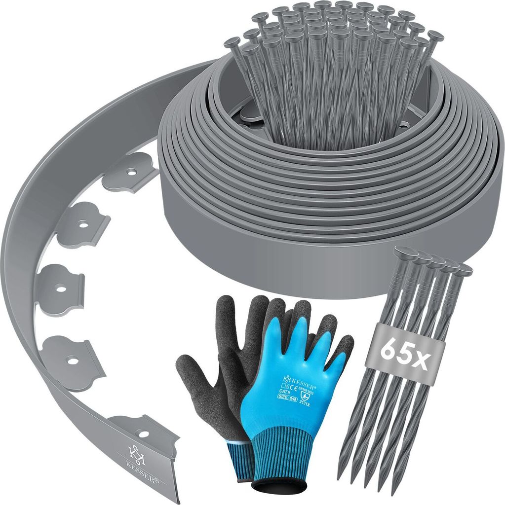 KESSER Flexible Rasenkante aus Kunststoff Länge 10m Höhe 5cm, mit 50 Erdanker + Handschuhe, Beeteinfassung Beetumrandung Beetbegrenzung Mähkan...