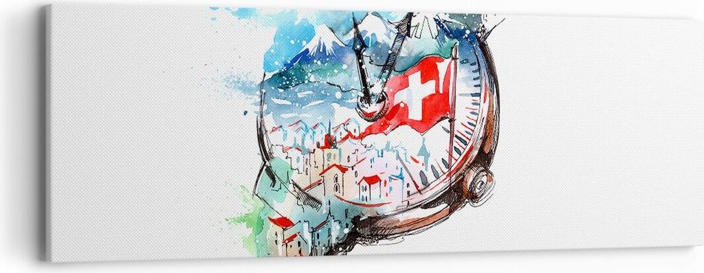 Bild auf Leinwand - Leinwandbild - Uhr Schweizer Alpen Wolke - 90x30cm - Wand Bild - Wanddeko - Leinwanddruck - Bilder - Kunstdruck - Wanddekoratio...