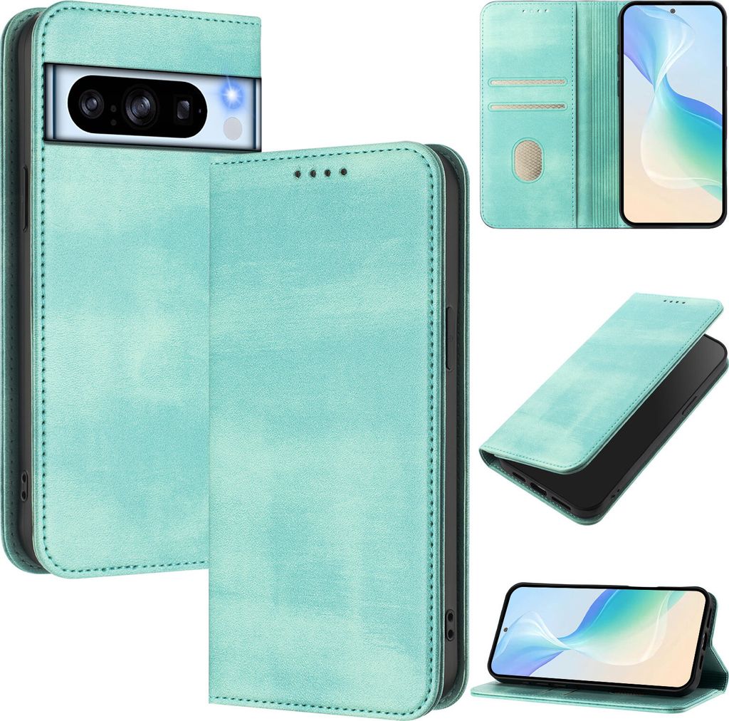 Handyhülle für Google Pixel 8 Pro, Vintage Leder RFID Schutz Kartenfach Standfunktion Magnetische Klapphülle Türkis
