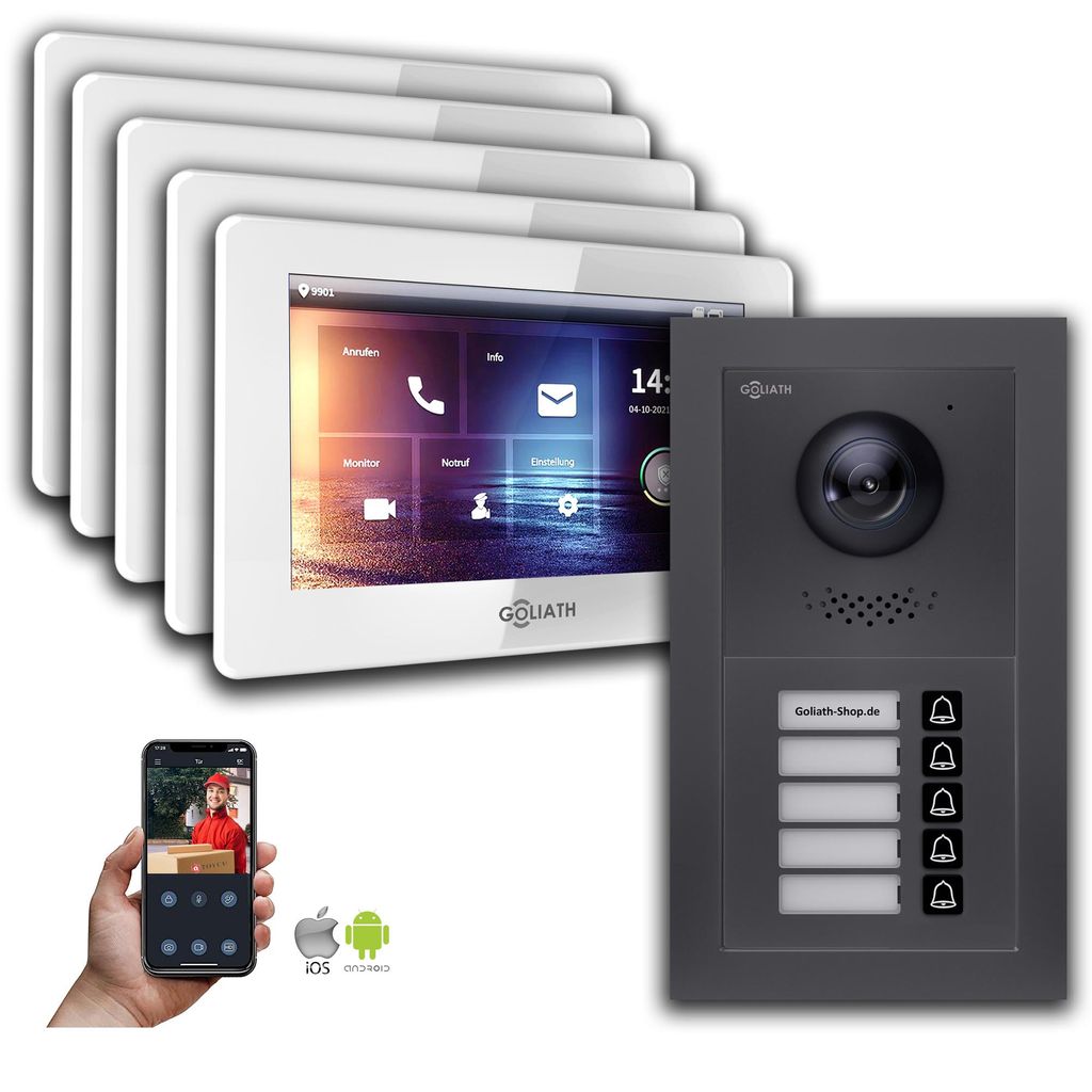 Goliath IP Video Türsprechanlage: 7-Zoll 5-Familienhaus, Smartphone App, Anthrazit : 7 Zoll Weiß : Aufputz Dose Monitor Farbe: 7 Zoll Weiß Monta...