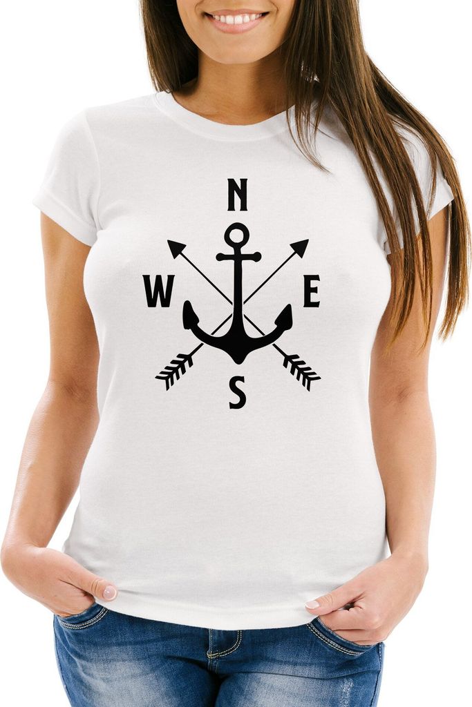 Cooles Damen T-Shirt Anker Kompass Windrose Arrows Moonworks weiß XL