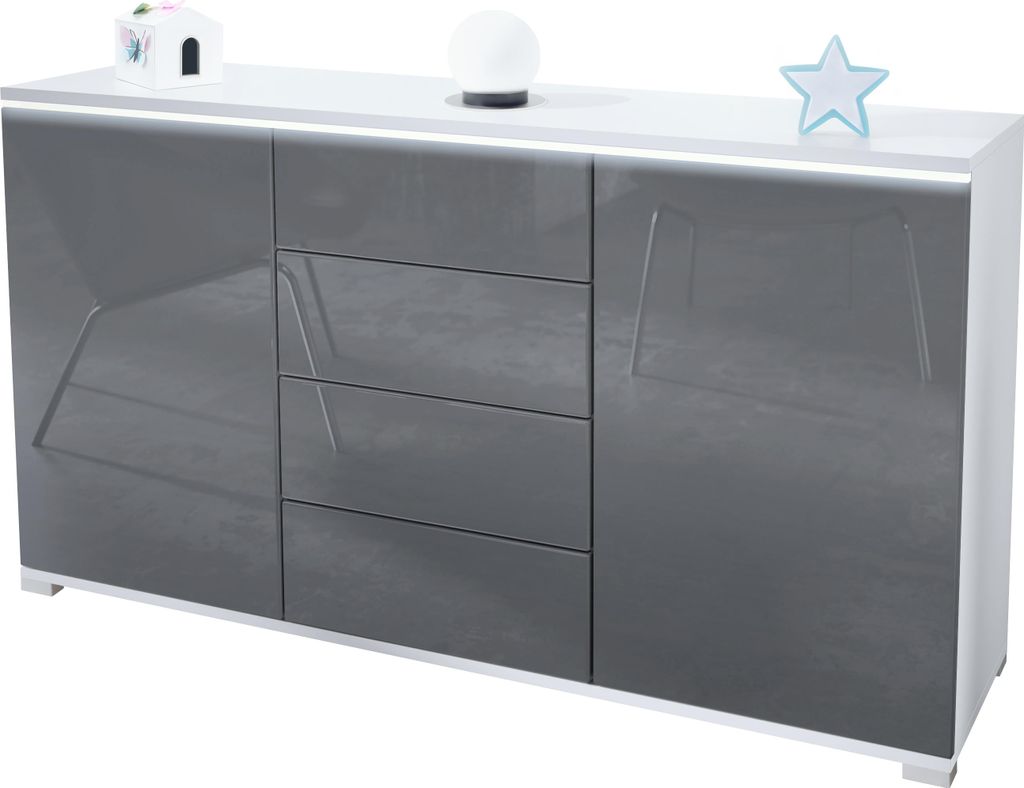 Vladon Sideboard Faro V1 - Kommode mit 2 Türen & 4 Schubladen, Schrank mit LED Lichtleiste, Weiß matt / Grau Hochglanz (138,5 x 75,5 x 35)