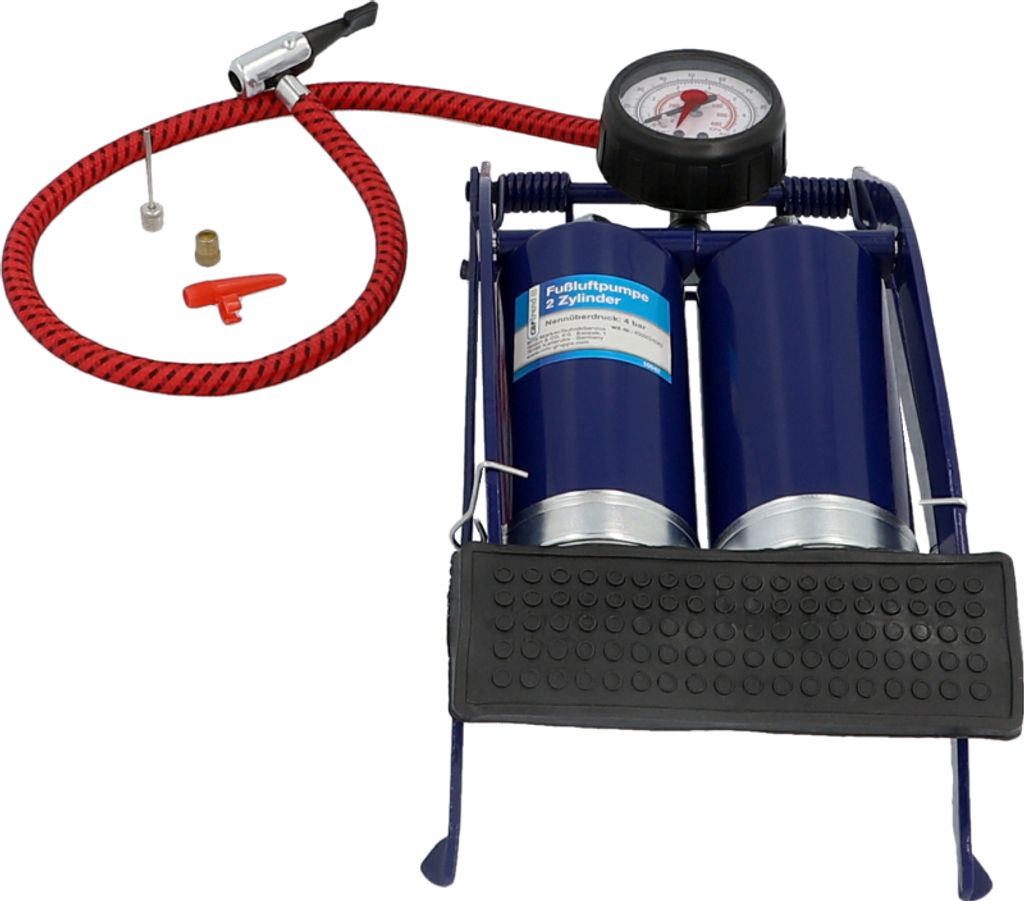A CARTREND Fußluftpumpe Doppelzylinder (foot pump with double cylinder) is shown against a white background. The pump is blue with a red hose and a black foot pedal. Accessories like a needle and adapter are also visible.