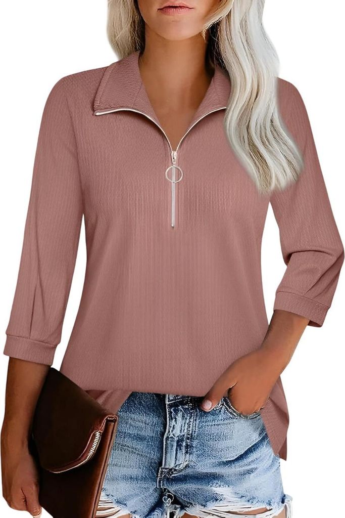 Damen Pullover Elegant 3/4 Arm Rollkragen Reißverschluss V-Ausschnitt Braun L