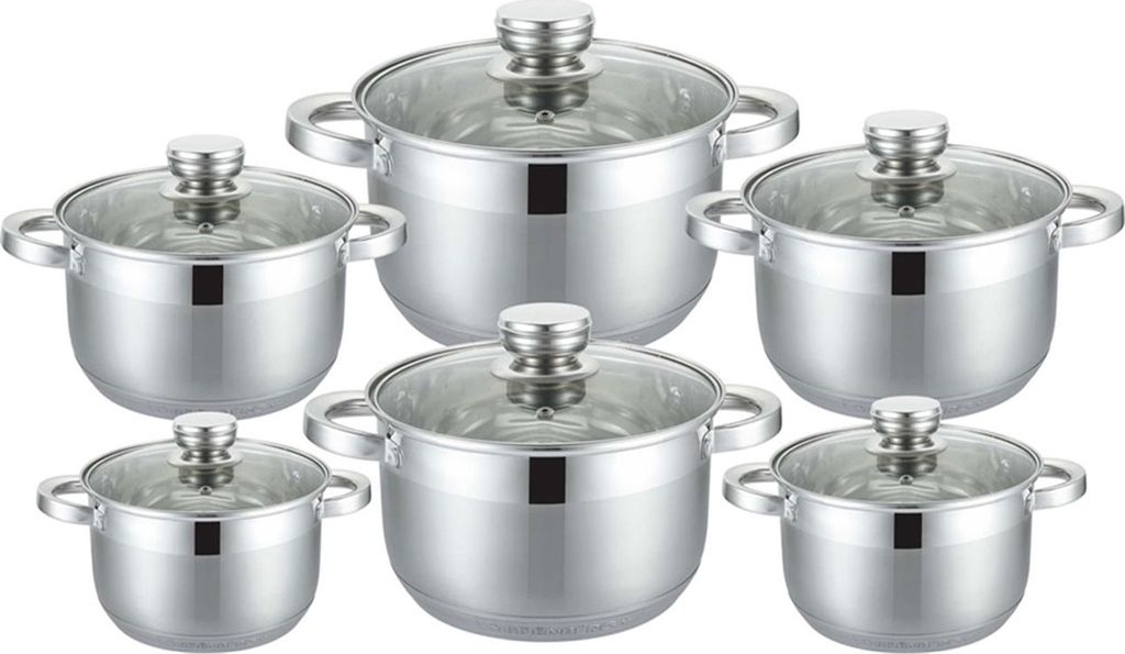 A set of six stainless steel pots with glass lids, arranged in two rows on a white background.