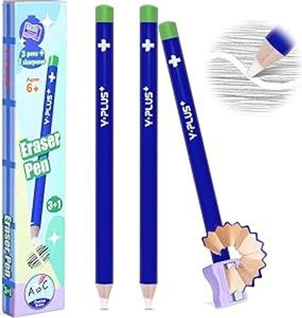 YPLUS Radiergummi – 3 Stück Präzise und saubere Radierung, ideal für Kinder und Schule, einzigartiges Stift-Design, inklusive Spitzer - Blau
