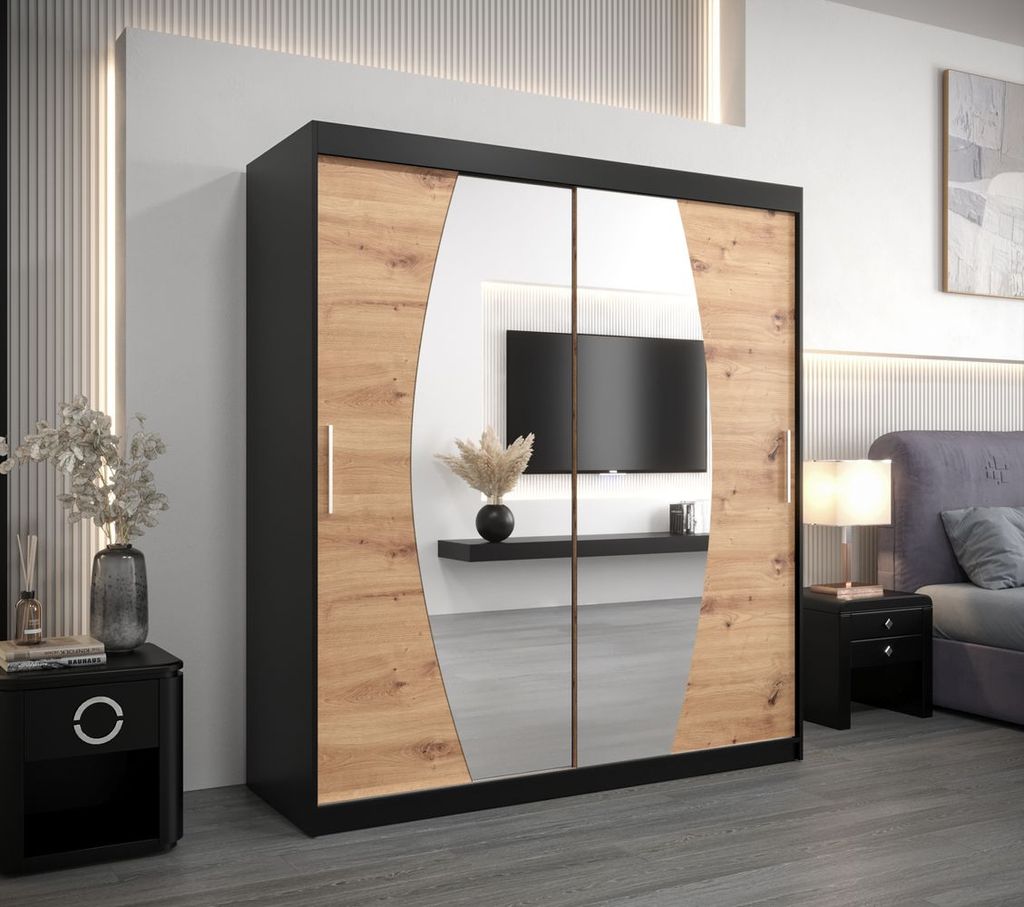 Schwebetürenschrank DITA – Breite 180 cm, Schwarz / Eiche Artisan