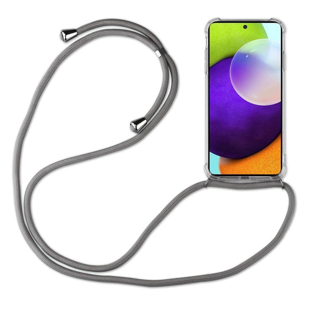 A smartphone with a gray lanyard case is displayed against a white background.