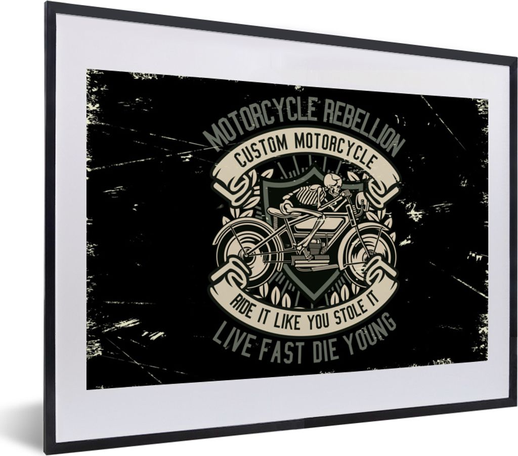 MuchoWow MuchoWow Gerahmtes Poster Motorrad - Skelett - Vintage - Zitat 40x30 cm - Poster mit zchwarzem Bilderrahmen - Bilderrahmen - Poster im...
