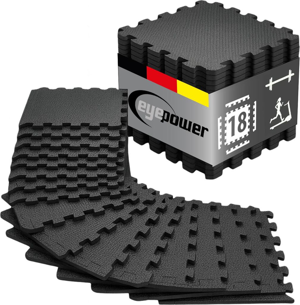 18 Puzzlematten Bodenschutz Fitness - 30x30 Schwarz - Sport Bodenmatte Home Gym