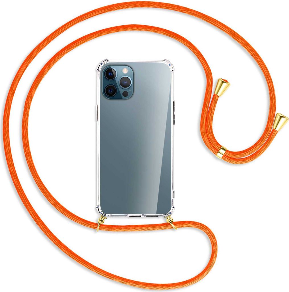 Handykette Backcover-Schutzhülle mit Band (Metall goldfarben) für Apple iPhone 12 Pro Max - neonorange