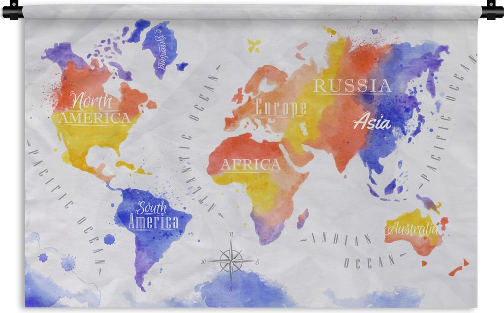 MuchoWow Wandteppich Wandbehang Weltkarte - Aquarell - Rot - Blau 90x60 cm Tapisserie Dekoration Wandtuch - Wandskulpturen - Bildteppich