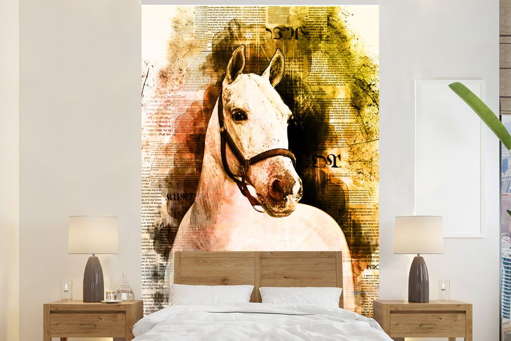 MuchoWow Fototapete für Wohnzimmer oder Schlafzimmer Wandtapete Vinyl Motivtapete Pferd - Weiß - Zeitung - Mädchen - Kinder - Mädchen - 155x2...