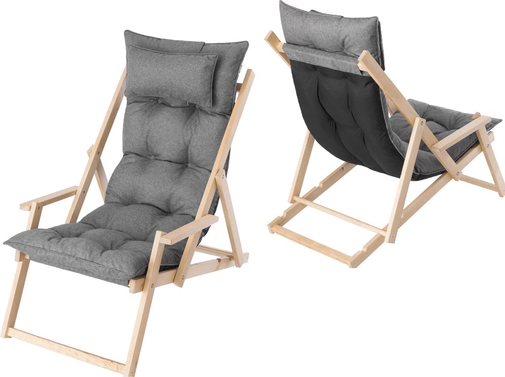 Gartenliege "MARLENA" (53x101x94 cm) aus Kiefernholz mit Auflage & Kopfkissen – 3-fach verstellbar, 8 cm Polster, natur – HobbyGarden