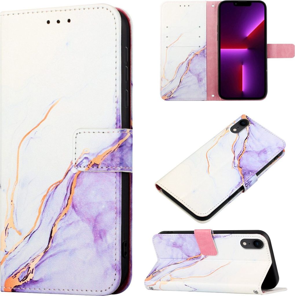 iPhone XR Hülle, Marmor Motiv Kunstleder Tasche Wallet Kartenfächer mit Standfunktion Klapp Schutzhülle für iPhone XR Weiß Lila