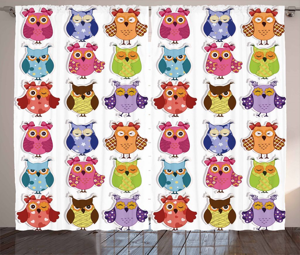 ABAKUHAUS Kindergarten Rustikaler Gardine, Cartoon Eulen Emotions, Schlafzimmer Kräuselband Vorhang mit Schlaufen und Haken, 280 x 245 cm, Mehrfarbig