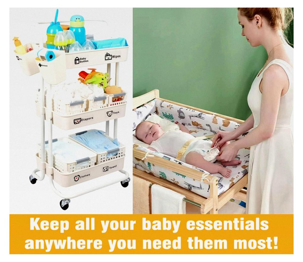 Windel Caddy Organizer Rollwagen, 3-stufiger robuster Aufbewahrungstrolley für Neugeborene, Wickelstorage für Wickeltisch und Kinderbett, leicht ...