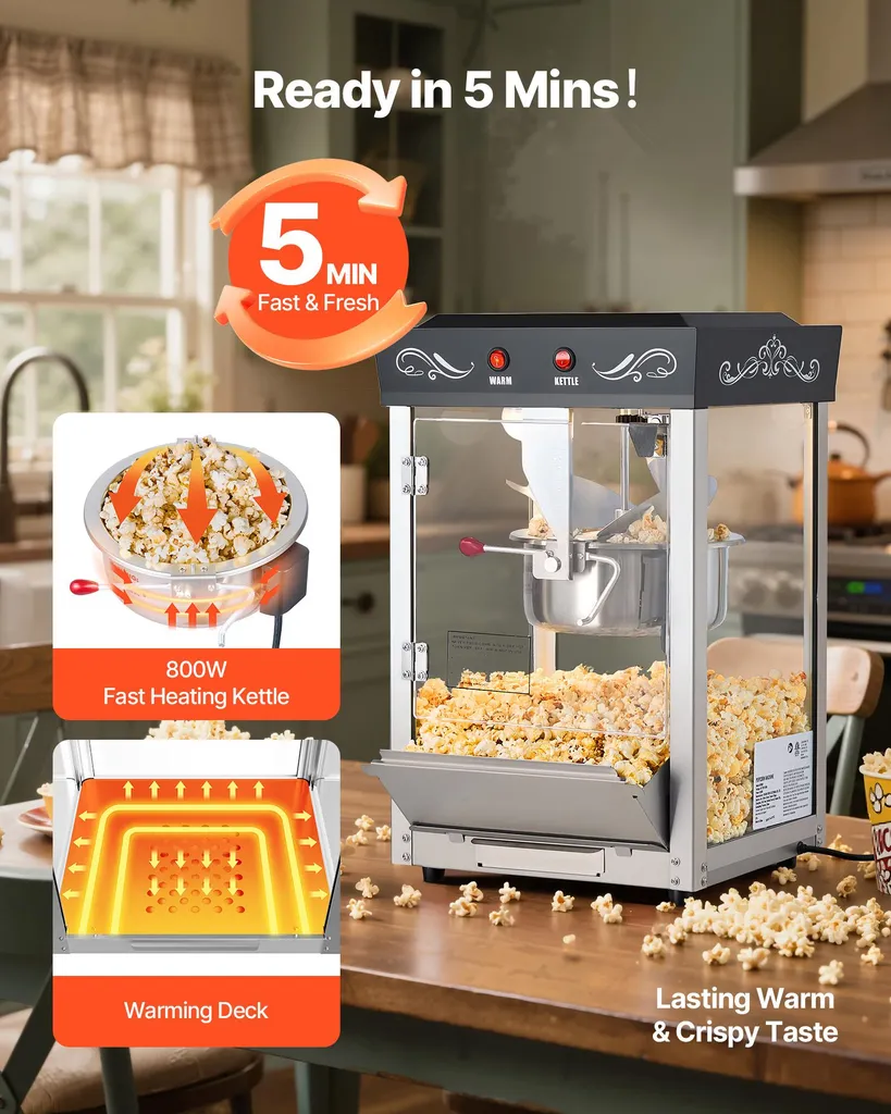 SucceBuy macchina per popcorn con bollitore in acciaio inox, macchina per popcorn commerciale da 800 W, 48 tazze per carico, design cinematografico, con semplice controllo a 2 pulsanti, pareti in vetro, porta PC, 1 porzionatore, 3 cucchiai, nero - 4