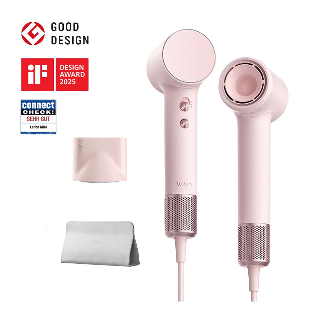 A pink Laifen Mini high-speed hair dryer with accessories and awards displayed.