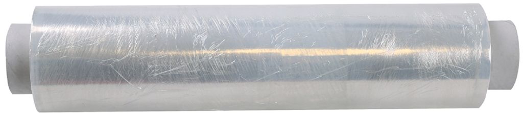 A roll of clear plastic wrap on a white background.