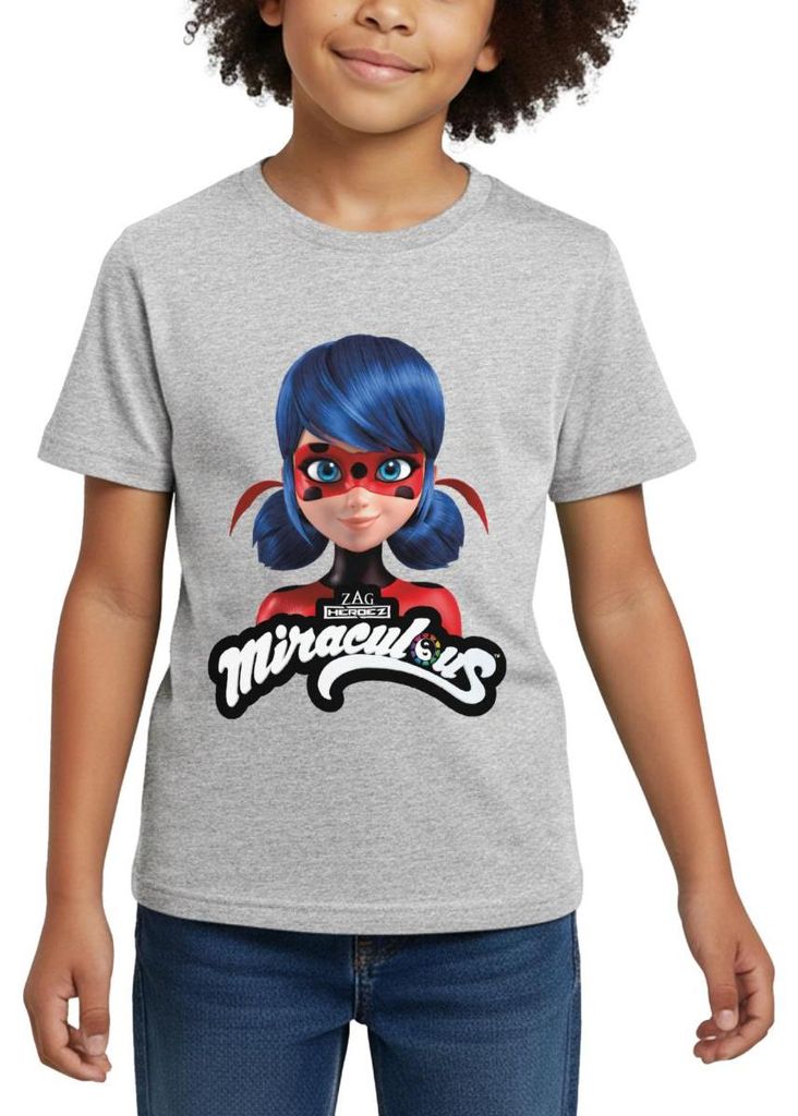 Spreadshirt Miraculous Ladybug Mit Logo Kinder T-Shirt, 110/116 (5-6 Jahre), Grau meliert