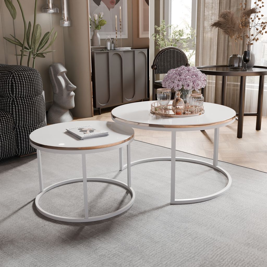 Idohome - Runder Couchtisch 2in1 LAVO mit Metalgestell, 80x48 cm+60x42 cm (Ø x H) Farbe: Weiß / Weiß Hochglanz + Gold