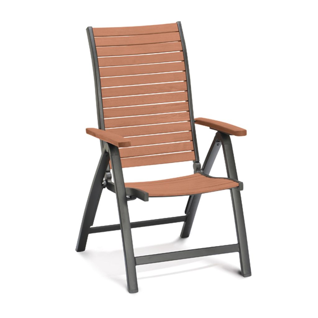 A single brown and gray folding garden chair is shown against a white background.