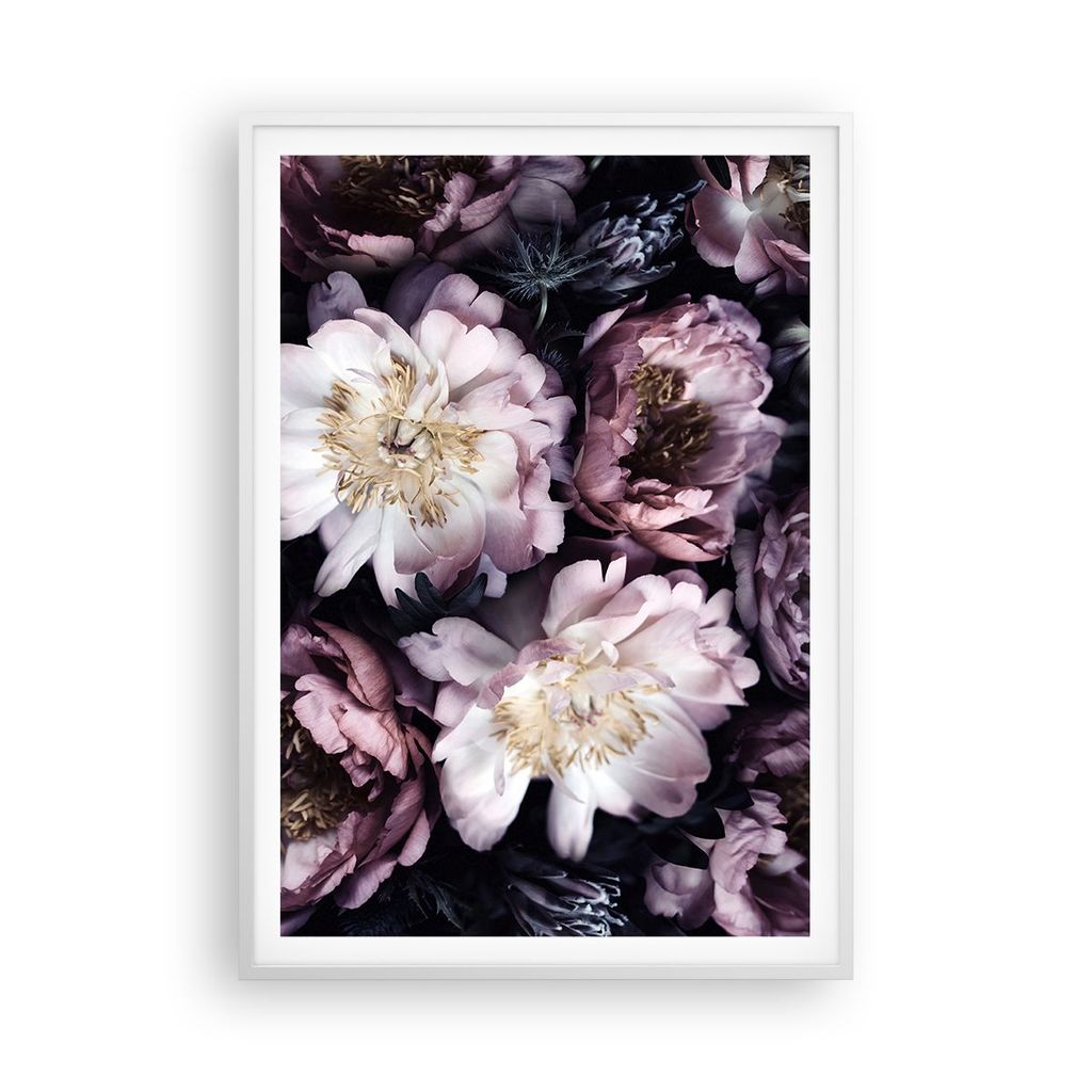 Gerahmtes Poster - Weißer Rahmen - Pfingstrosen Veilchen Blumen - 70x100 cm - Wand Bild - Wanddeko - Wandbilder - Kunstposter - Wandposter - Bilde...