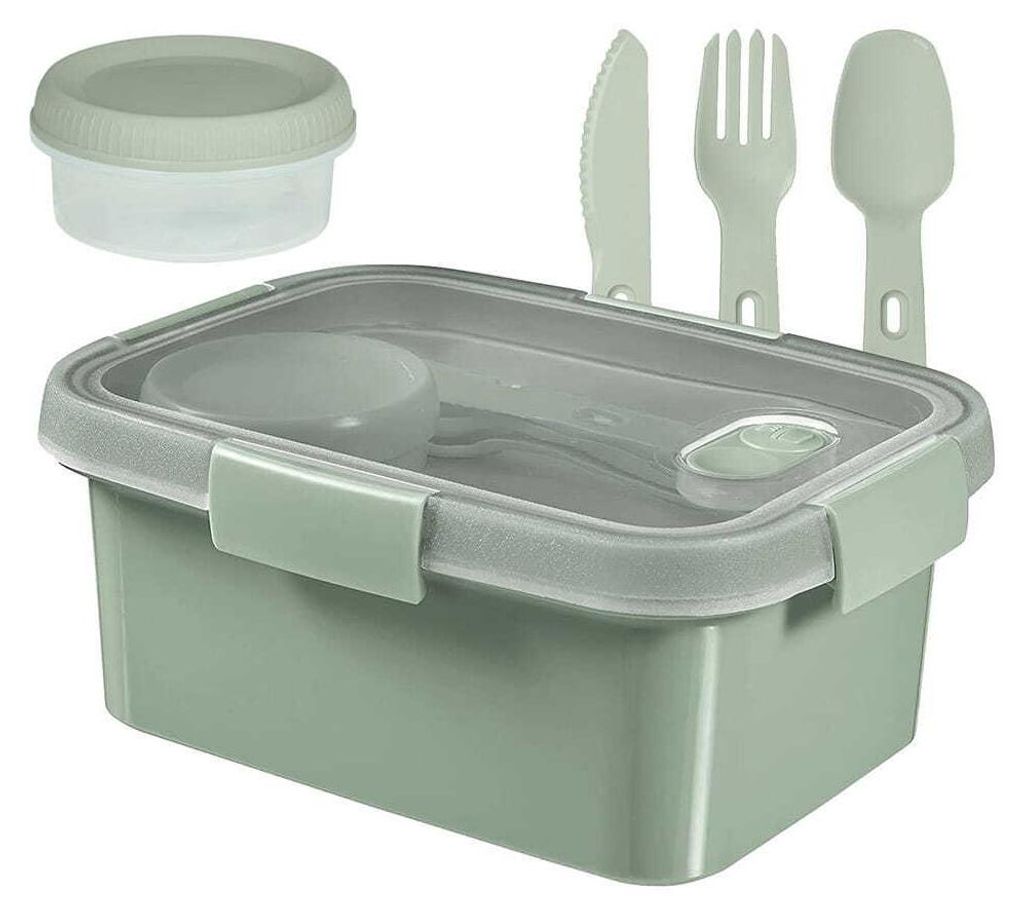 A lunch kit with a rectangular container, a small round container, and cutlery.