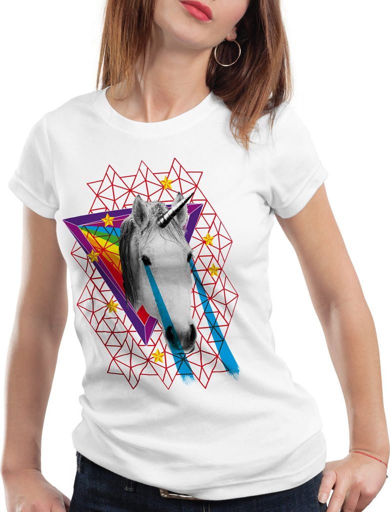 style3 Unicorn Laserhead Einhorn Damen T-Shirt Trash Regenbogen, Größe:M