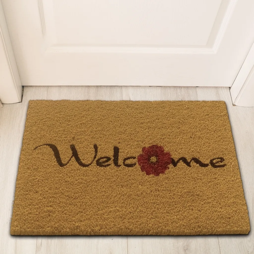 Paillasson en fibres naturelles robuste 60 x 90 cm avec fleur rouge vif