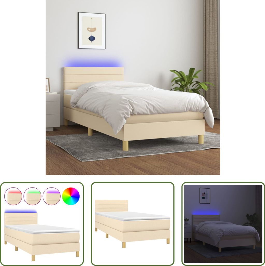 The Living Store Boxspringbett mit Matratze & LED Creme 100x200 cm Stoff
