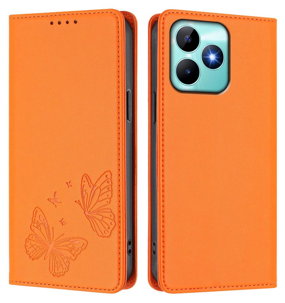 Lederhülle für Realme C53/Realme Note 50, Schmetterling Prägung Leder Brieftasche Schutzhülle mit Ständer Orange