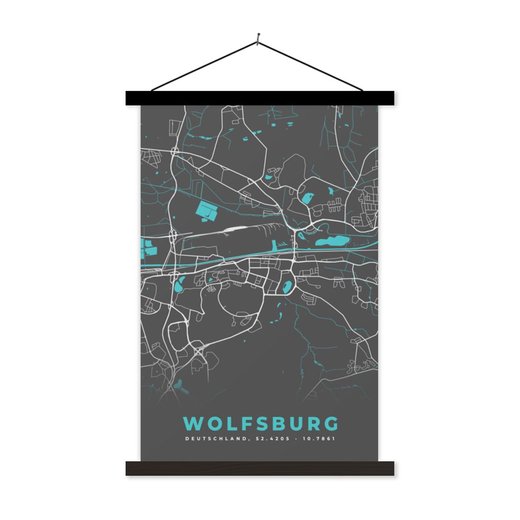 MuchoWow Textilposter Stadtplan - Karte - Wolfsburg - Blau - Deutschland - Karte 40x60 cm mit schwarzem Rahmen - Wanddekorationen