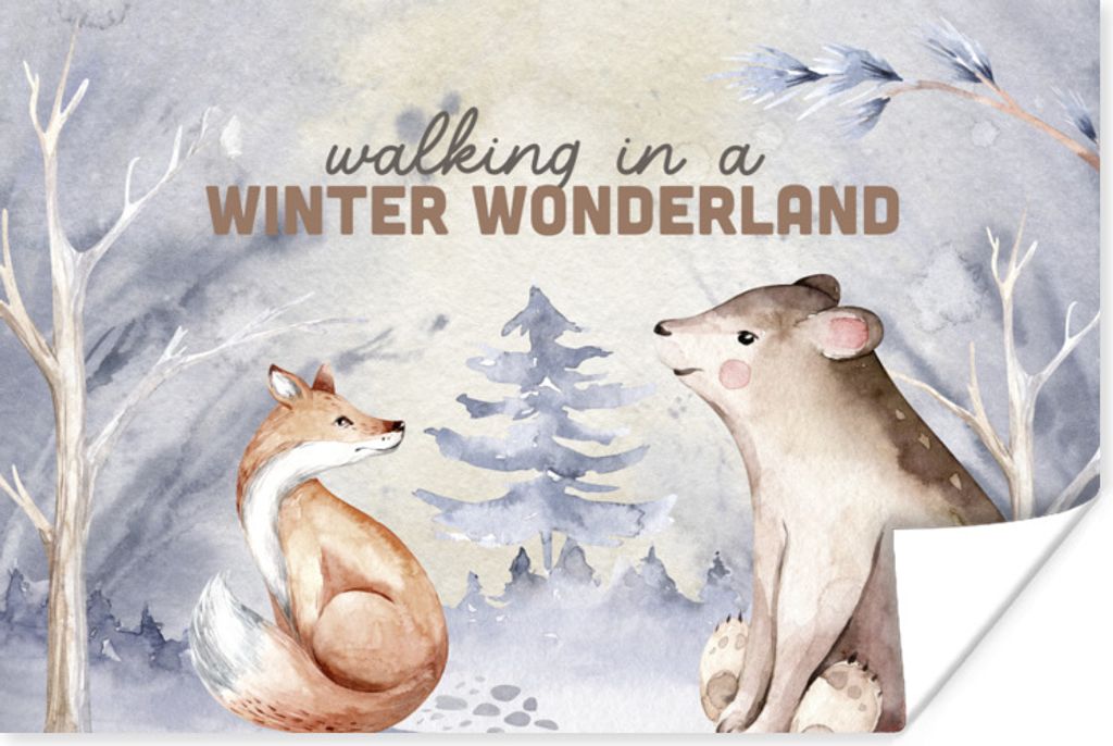 MuchoWow Poster Winter - Fuchs - Bär - Schnee 180x120 cm - Fotoplakat