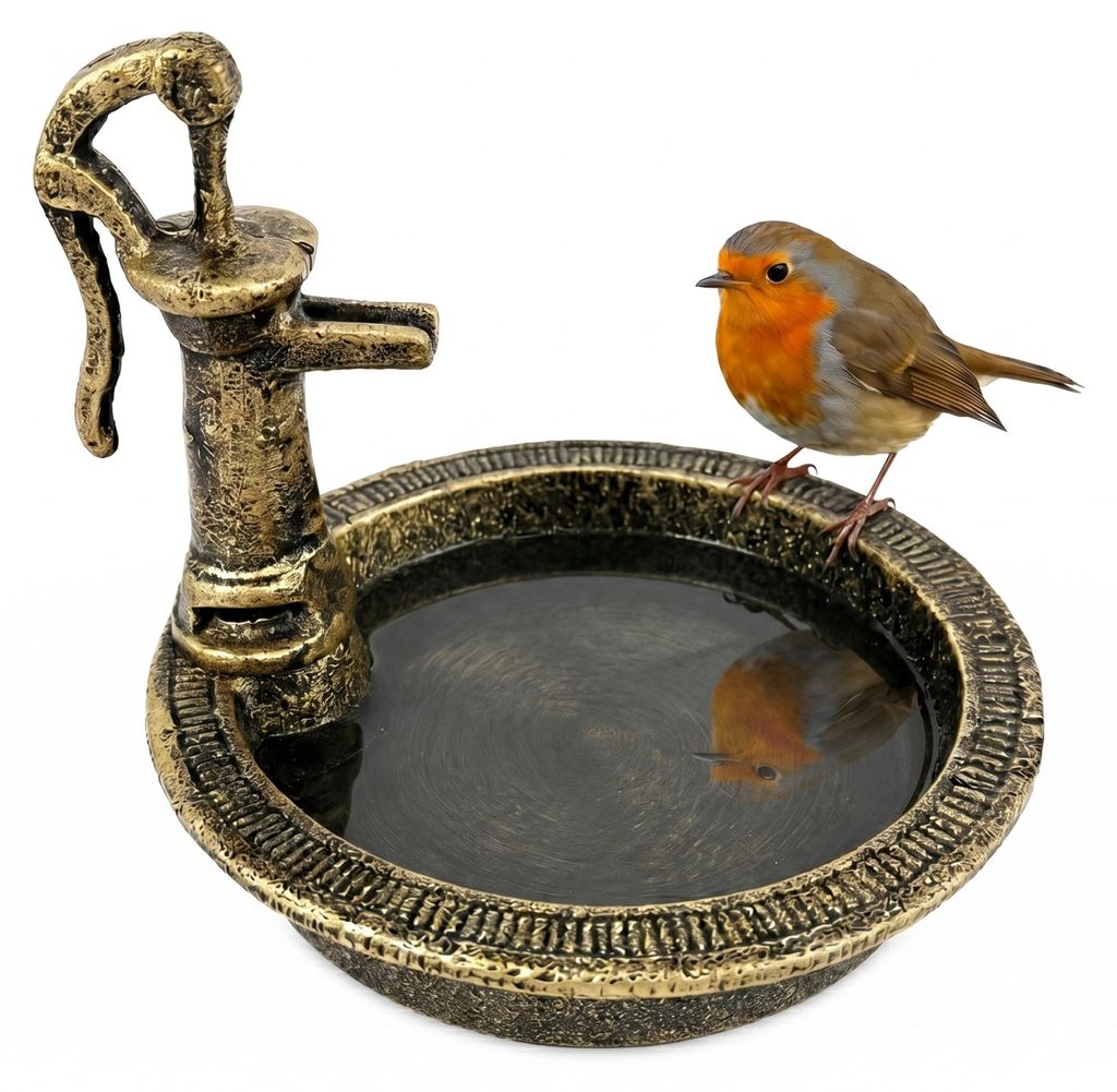 Relaxdays Vogeltränke, HxBxT: 15 x 17 x 18 cm, Gusseisen, stehend, Futter- & Wasserschale für Vögel, schwarz/bronze