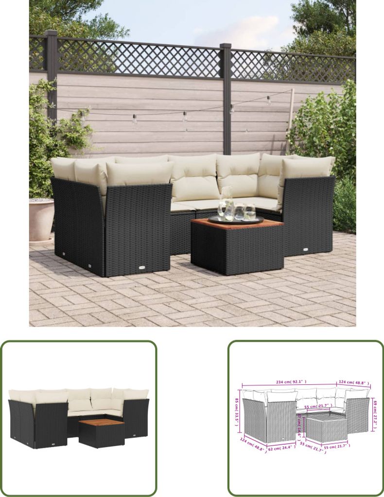 The Living Store 7-tlg. Garten-Sofagarnitur mit Kissen Schwarz Poly Rattan