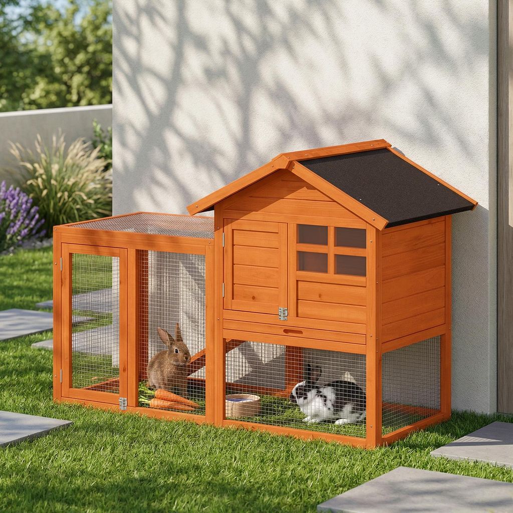 Kaninchenstall 2 Etagen mit Freilaufgehege, Hasenstall Bitumendach Tannenholz, Kaninchenkäfig mit Rampe, Orange | 123,5x62,6x92,5 cm | 14 kg