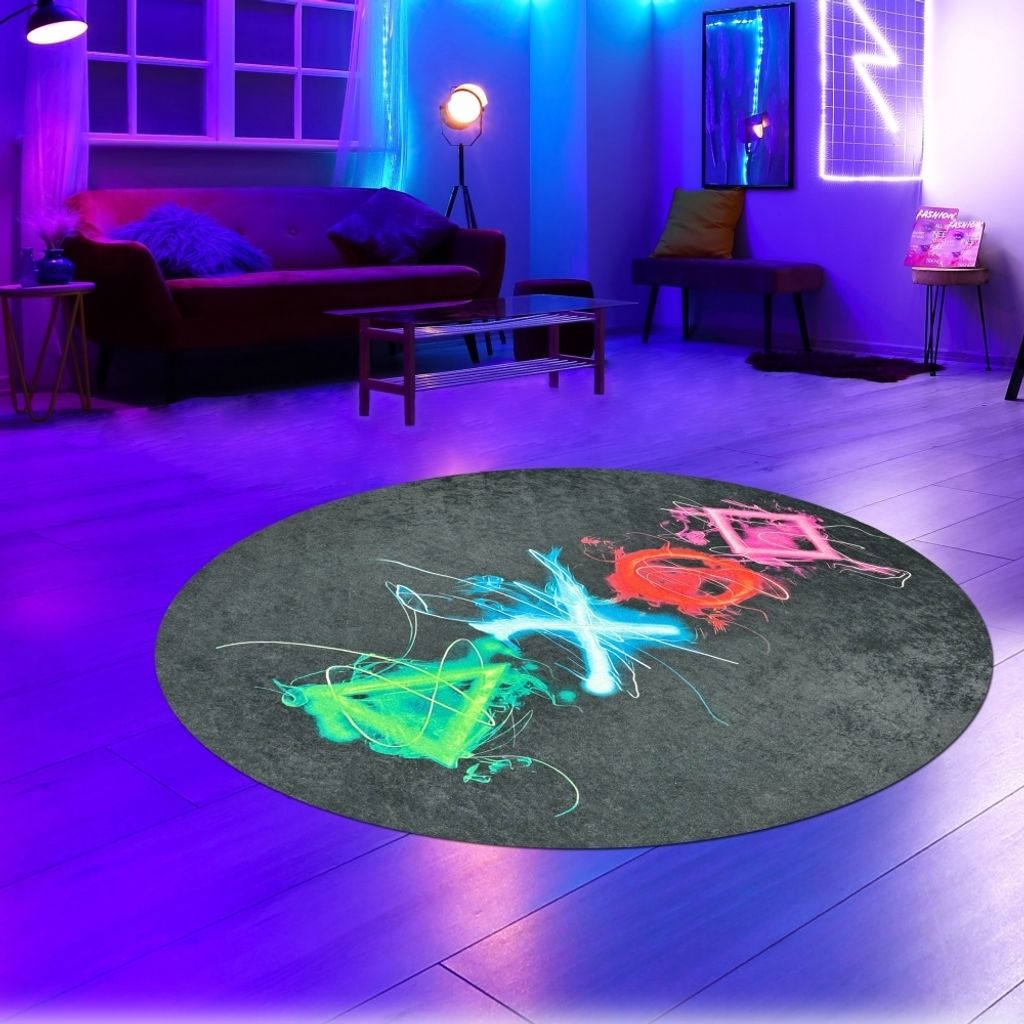 Gaming-Teppich mit lebendigen Neon-Farben und ikonischen Symbolen Größe - 120 cm Rund