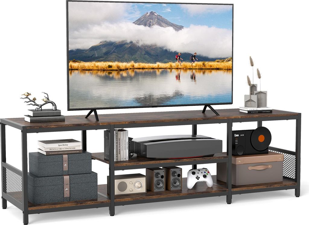 COSTWAY TV Schrank für Fernseher bis zu 65 Zoll, Lowboard mit Ablagefächern & Metallrahmen, Fernsehtisch für Wohnzimmer & Schlafzimmer, braun
