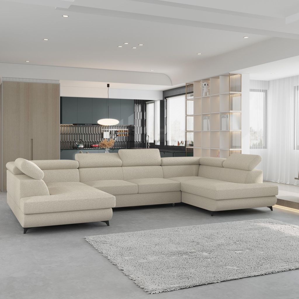 Masseno Ecksofa VINTESSA mit Schlaffunktion U-Form, Sofa mit Bettkasten, Wohnzimmersofa, Couch, Soffa, Bettsofa, Couchgarnitur- Creme, QUELLE 02