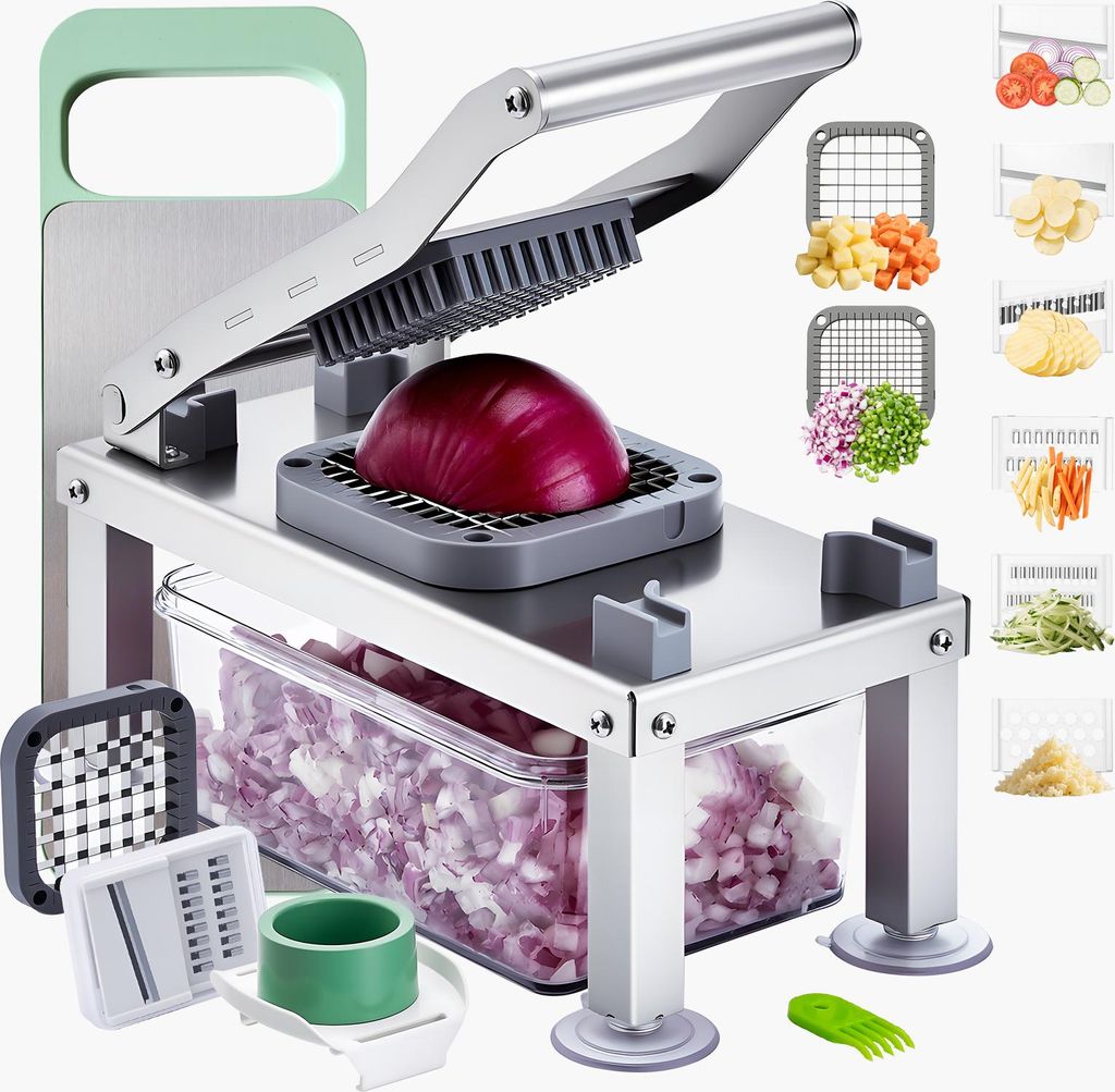 VEVOR Gemüseschneider, Mandolinenschneider, All-in-1-Gemüseschneider mit 8 Edelstahlklingen, Käsereibe, Zwiebel- & Kartoffelsalatschneider mit B...
