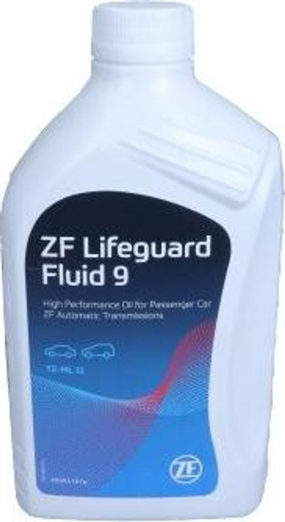 A white plastic bottle of ZF Lifeguard Fluid 9 transmission oil.