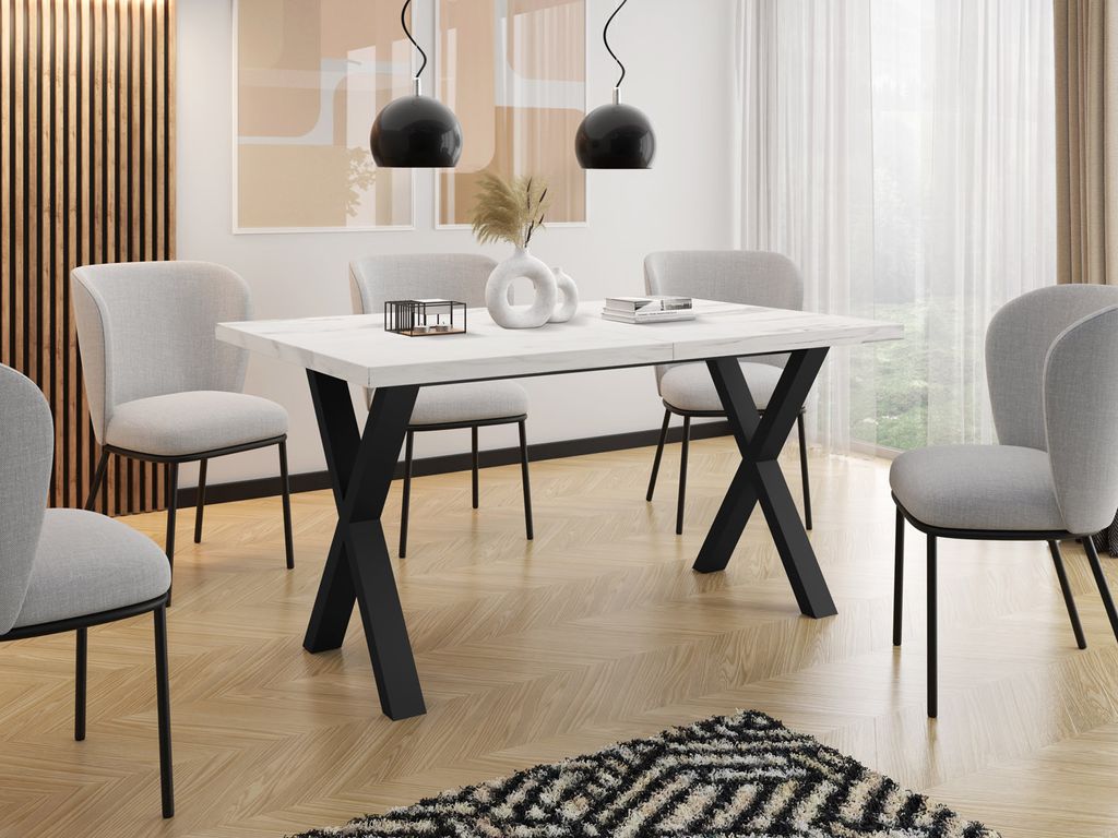 Rechteckiger Ausziehbarer Esstisch - Großer Modern-Stil Tisch in Weißer Marmoroptik mit Schwarzen Metallbeinen - 120 140 160 cm bis 220 240 260 c...