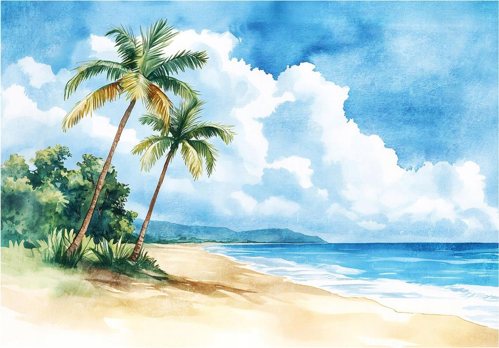 Fototapete Strand Palmen Natur - 416x254 cm - Vliestapete Wohnzimmer Schlafzimmer - Vlies Fototapete Blau - 15931VEXXXL
