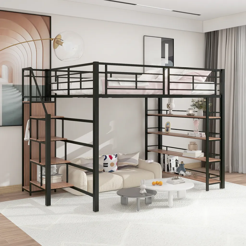 OKWISH Lit Mezzanine 140x200 cm Noir en MDF et Métal avec Escalier
