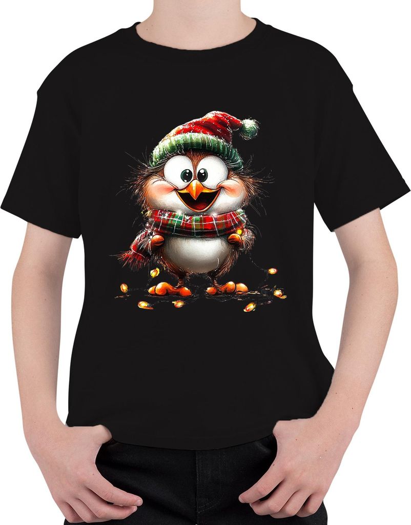 Weihnachtseule niedlich Schal Lichterkette Geschenk Weihnachten Uni Kinder T-Shirt, Schwarz, 152