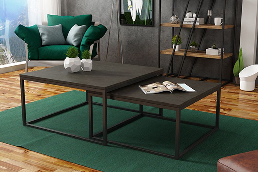 Quadratischer Couchtisch DAKAR 2in1 für Wohnzimmer mit Metallbeinen im Loft-Stil, 76cm / 66cm, Farbe: Dunkel Beton / Schwarz