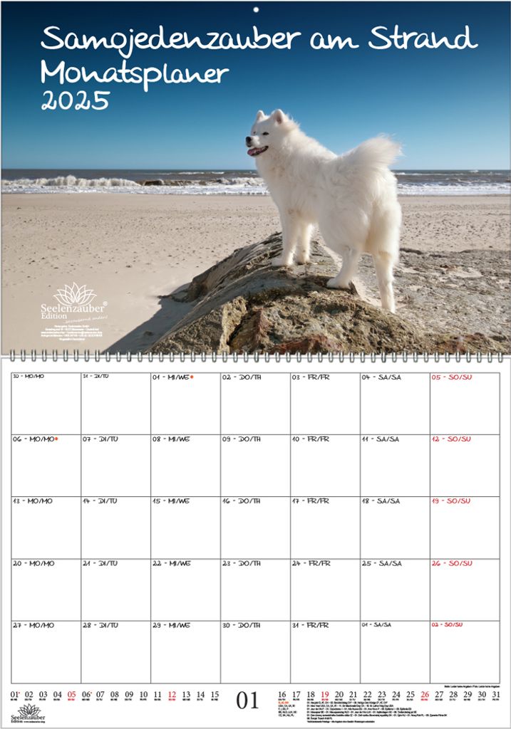 Smojedenzauber am Strand Planer DIN A2 Kalender für 2025 Hunde Smojeden - Seelenzauber